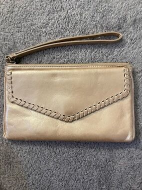 HOBO Woven Trim Leather Wristlet Clutch in Light Beige